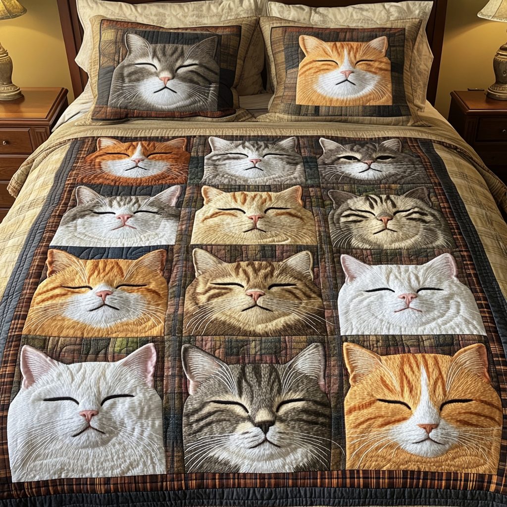 Feline Fantasy quilted 3-piece bedding set on a made bed with two matching pillow shams