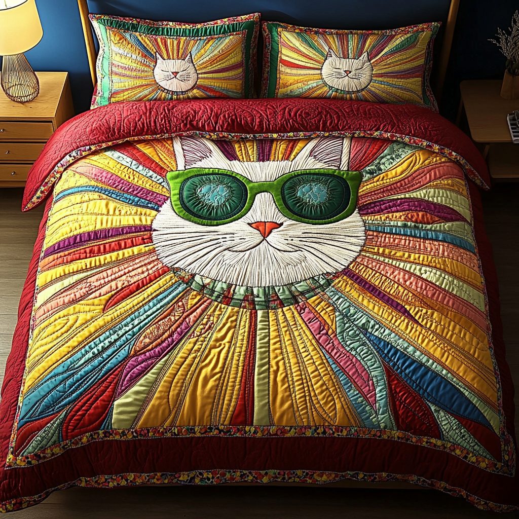 Feline Grace quilted 3-piece bedding set on a made bed with two matching pillow shams