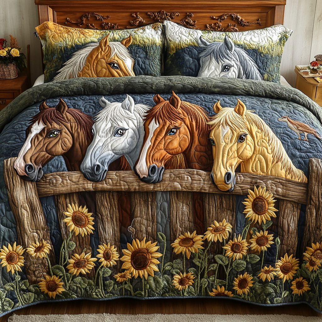 Fence Friends quilted 3-piece bedding set on a made bed with two matching pillow shams