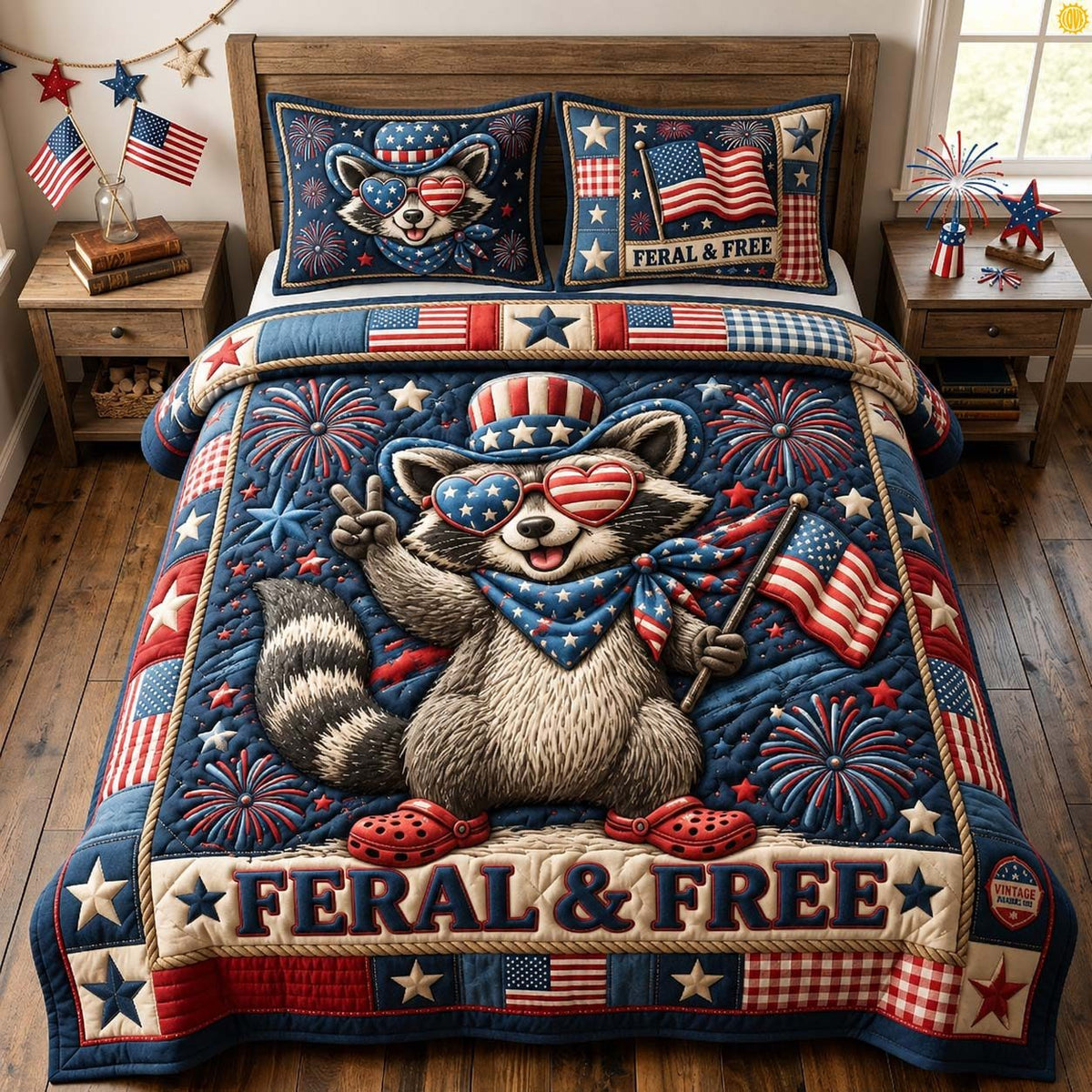 Feral And Free quilted 3-piece bedding set on a made bed with two matching pillow shams