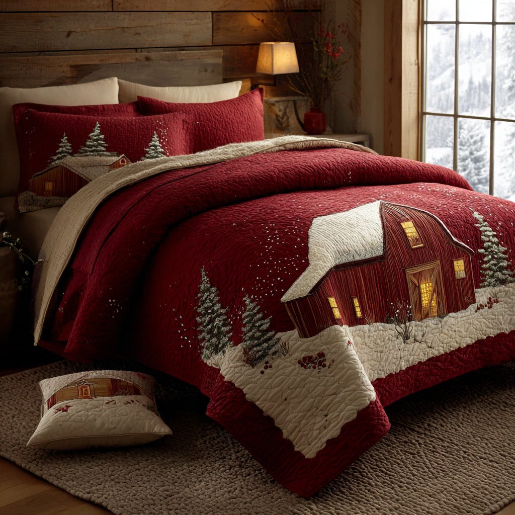 Festive Barn quilted 3-piece bedding set on a made bed in a winter-styled bedroom