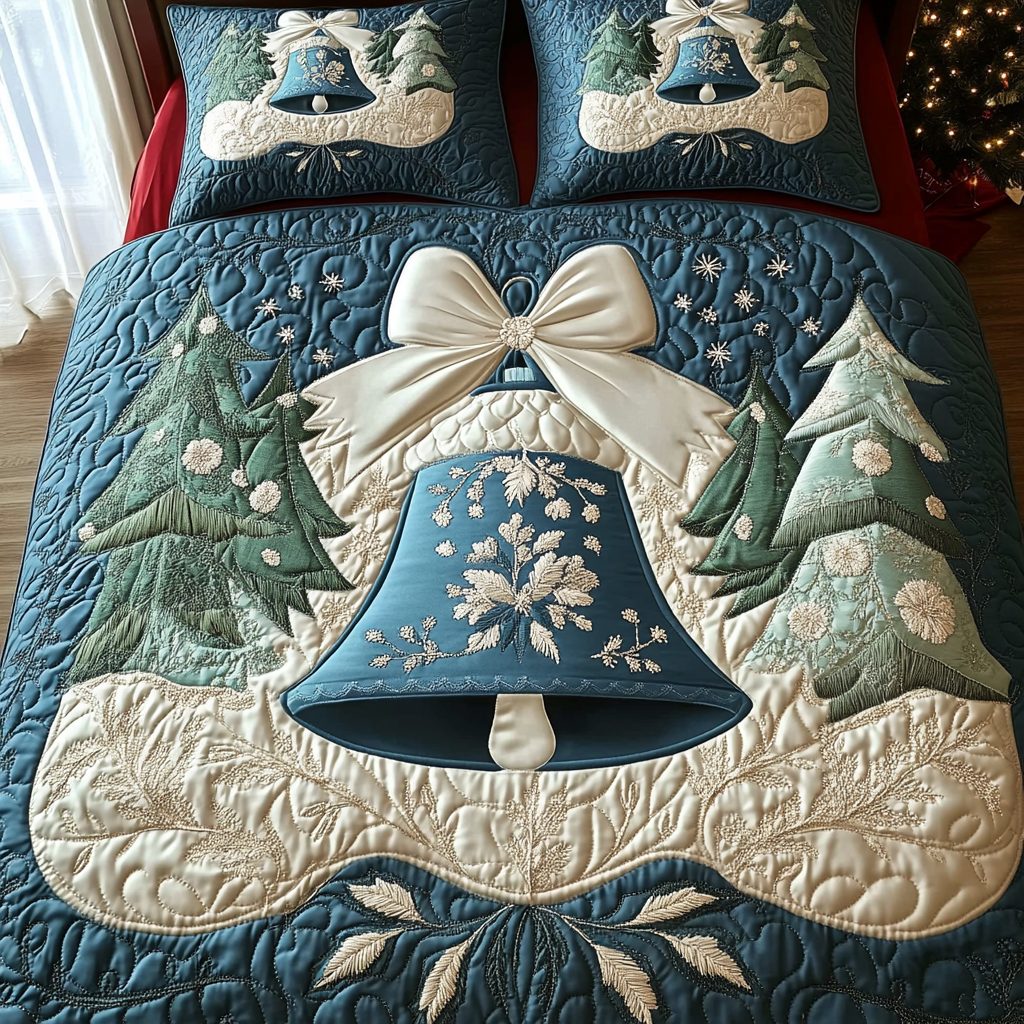 Festive Bells Cheer quilted 3-piece bedding set on a made bed in a winter-styled bedroom
