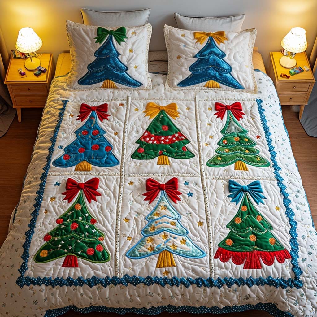 Festive Bloom quilted 3-piece bedding set on a made bed in a winter-styled bedroom