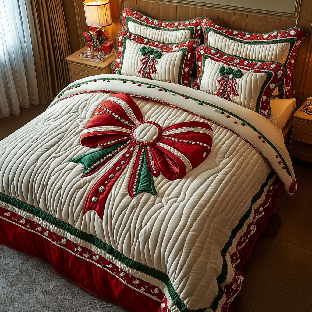 Festive Bow Elegance quilted 3-piece bedding set on a made bed in a winter-styled bedroom