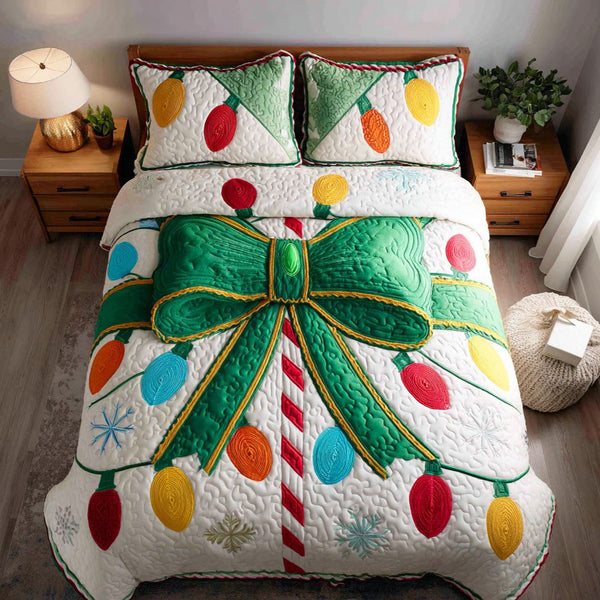 Festive Bow quilted 3-piece bedding set on a made bed in a winter-styled bedroom