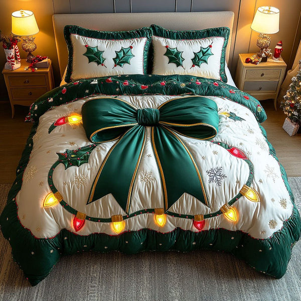 Festive Bow quilted 3-piece bedding set on a made bed in a winter-styled bedroom