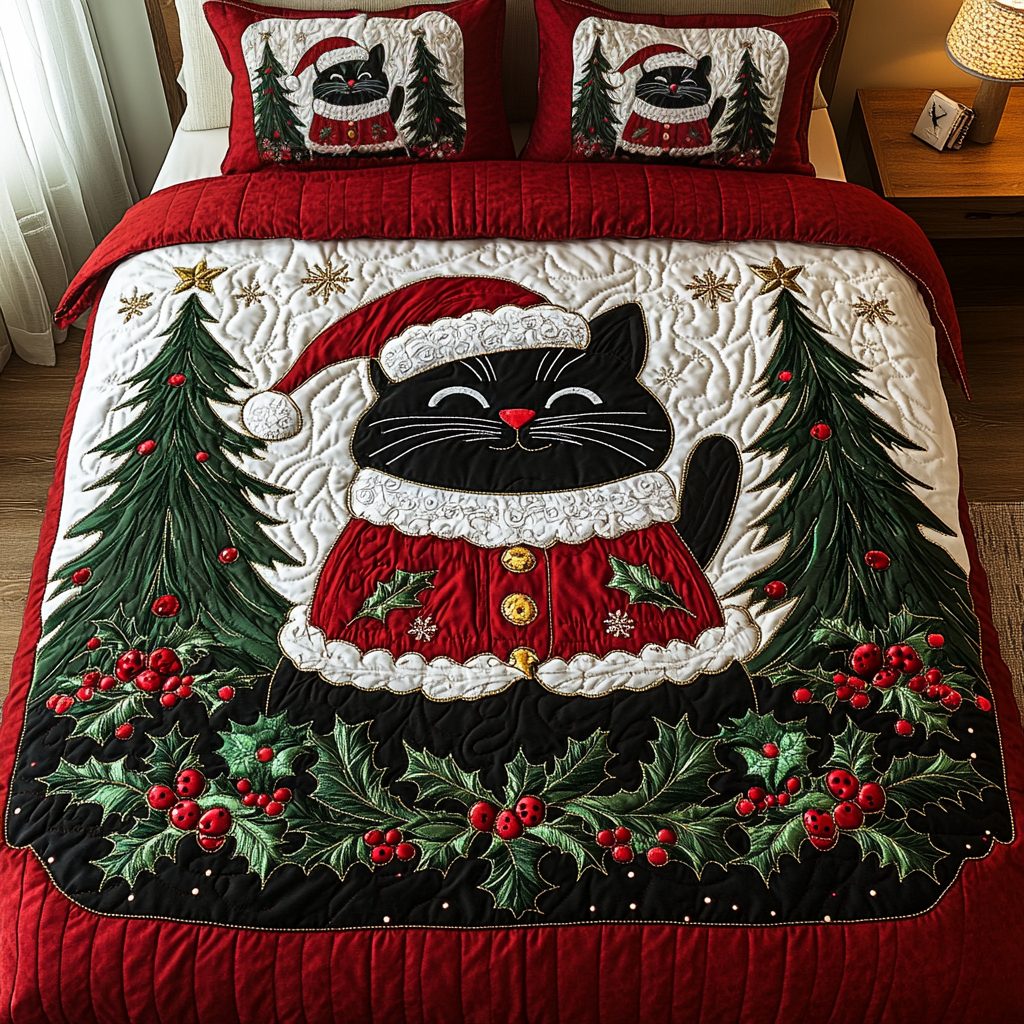 Festive Cat quilted 3-piece bedding set on a made bed in a winter-styled bedroom