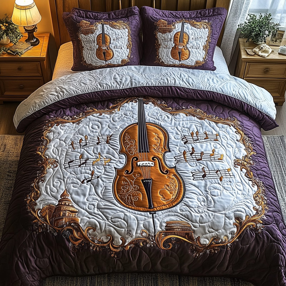 Festive Cello quilted 3-piece bedding set on a made bed in a winter-styled bedroom