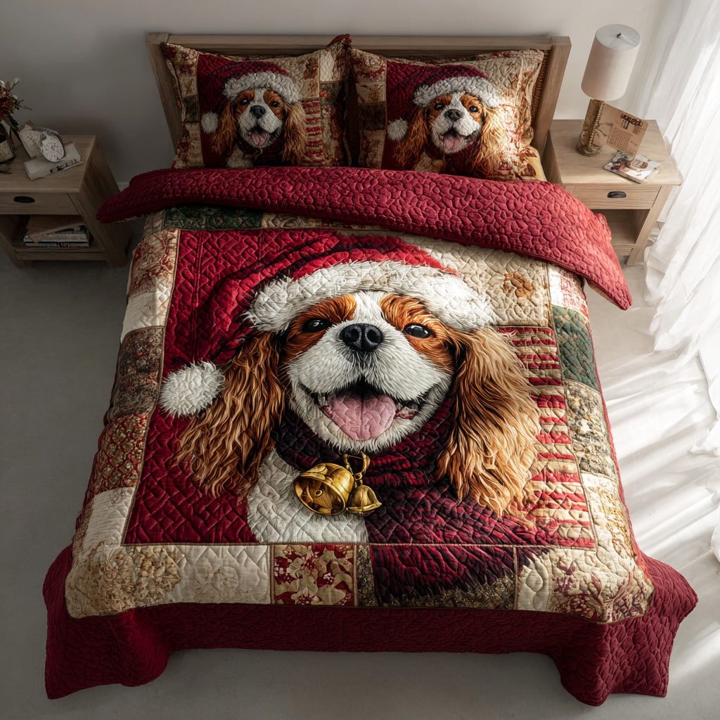 Festive Charles Glee quilted 3-piece bedding set on a made bed in a winter-styled bedroom
