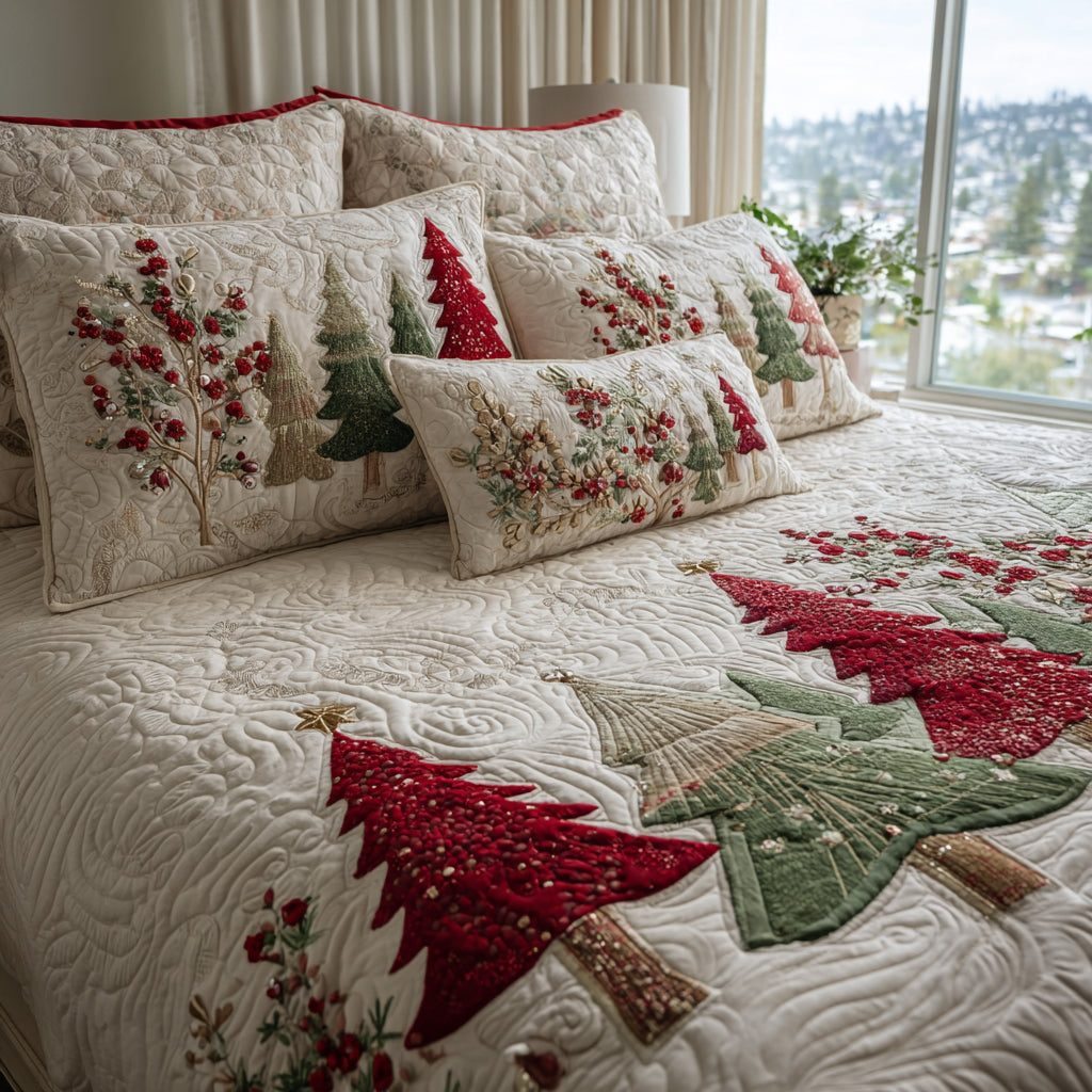Festive Charm quilted 3-piece bedding set on a made bed in a winter-styled bedroom