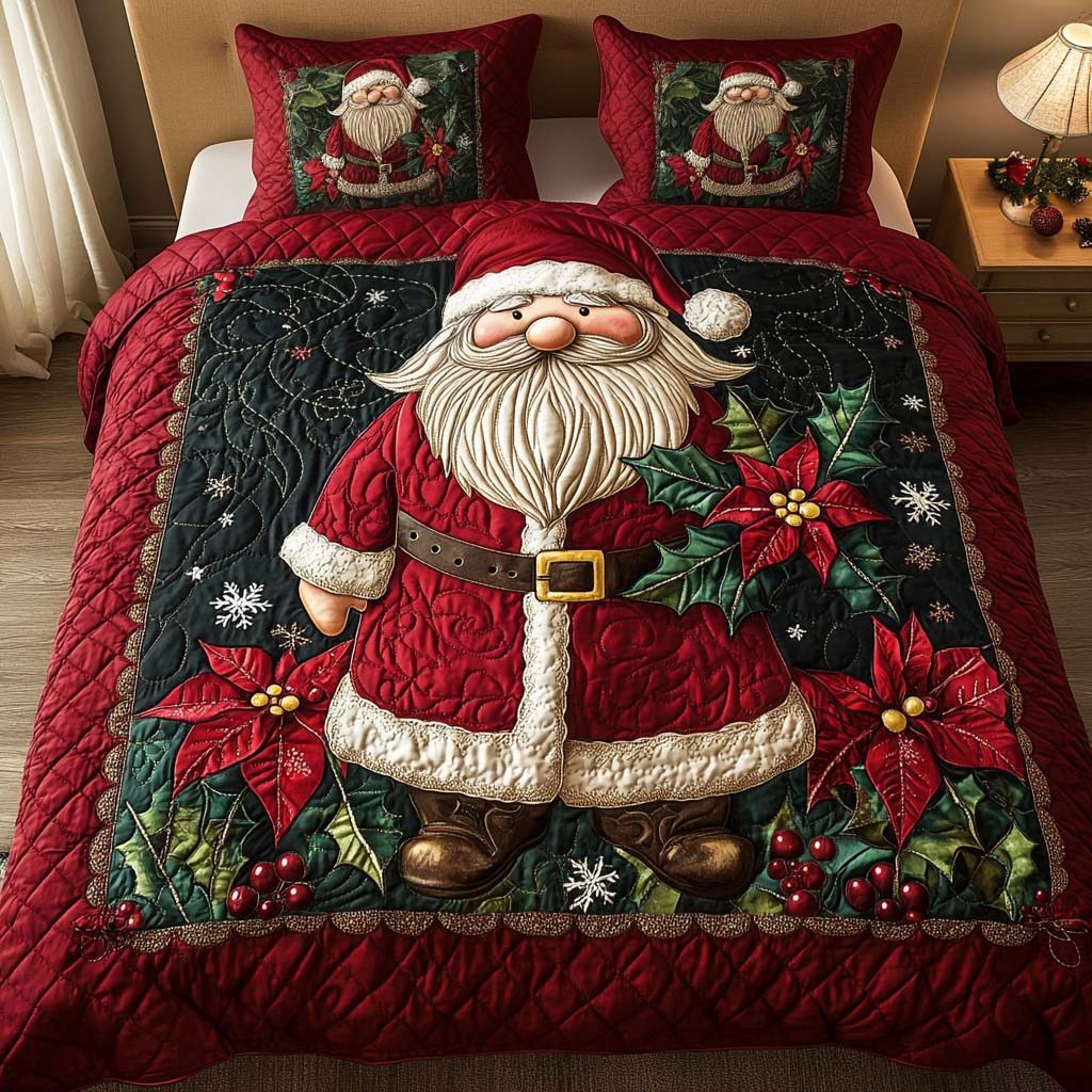 Festive Cheer quilted 3-piece bedding set on a made bed in a winter-styled bedroom