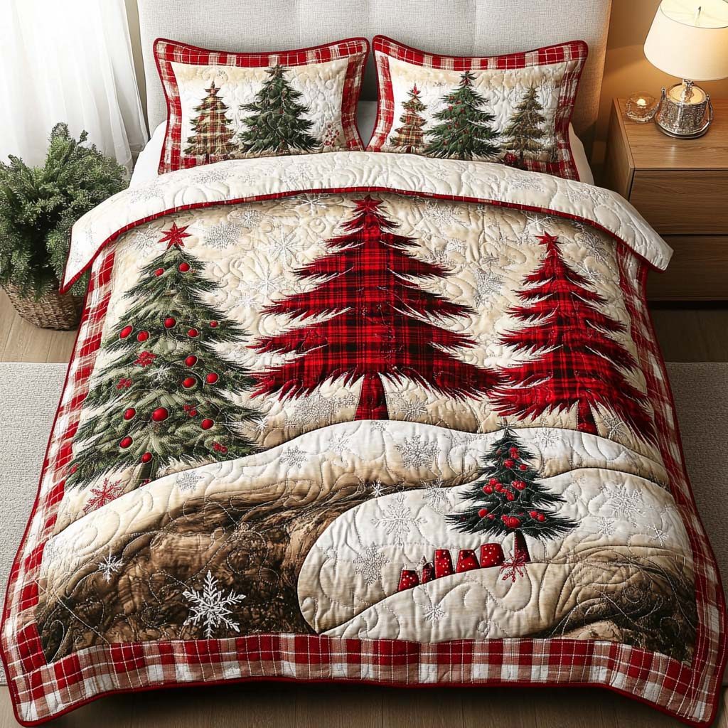 Festive Cheer quilted 3-piece bedding set on a made bed in a winter-styled bedroom