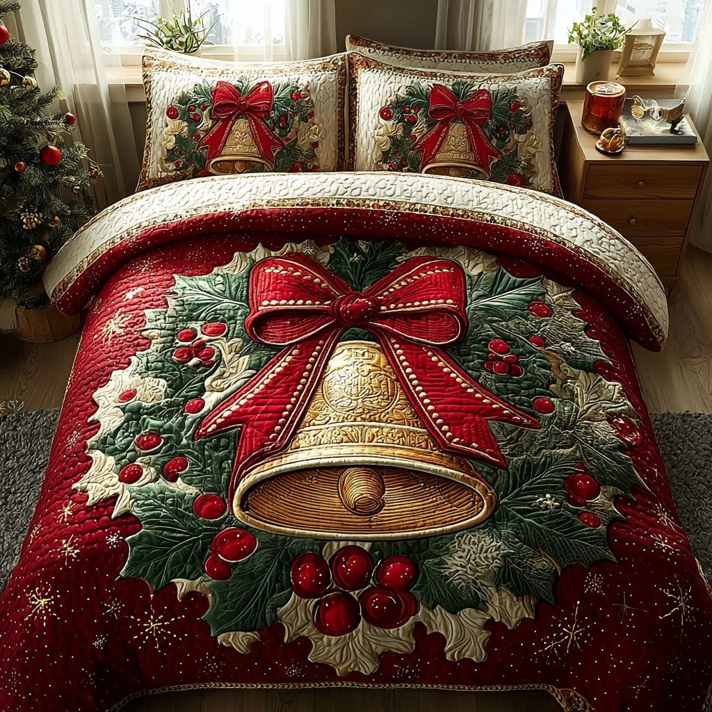 Festive Chimes quilted 3-piece bedding set on a made bed in a winter-styled bedroom
