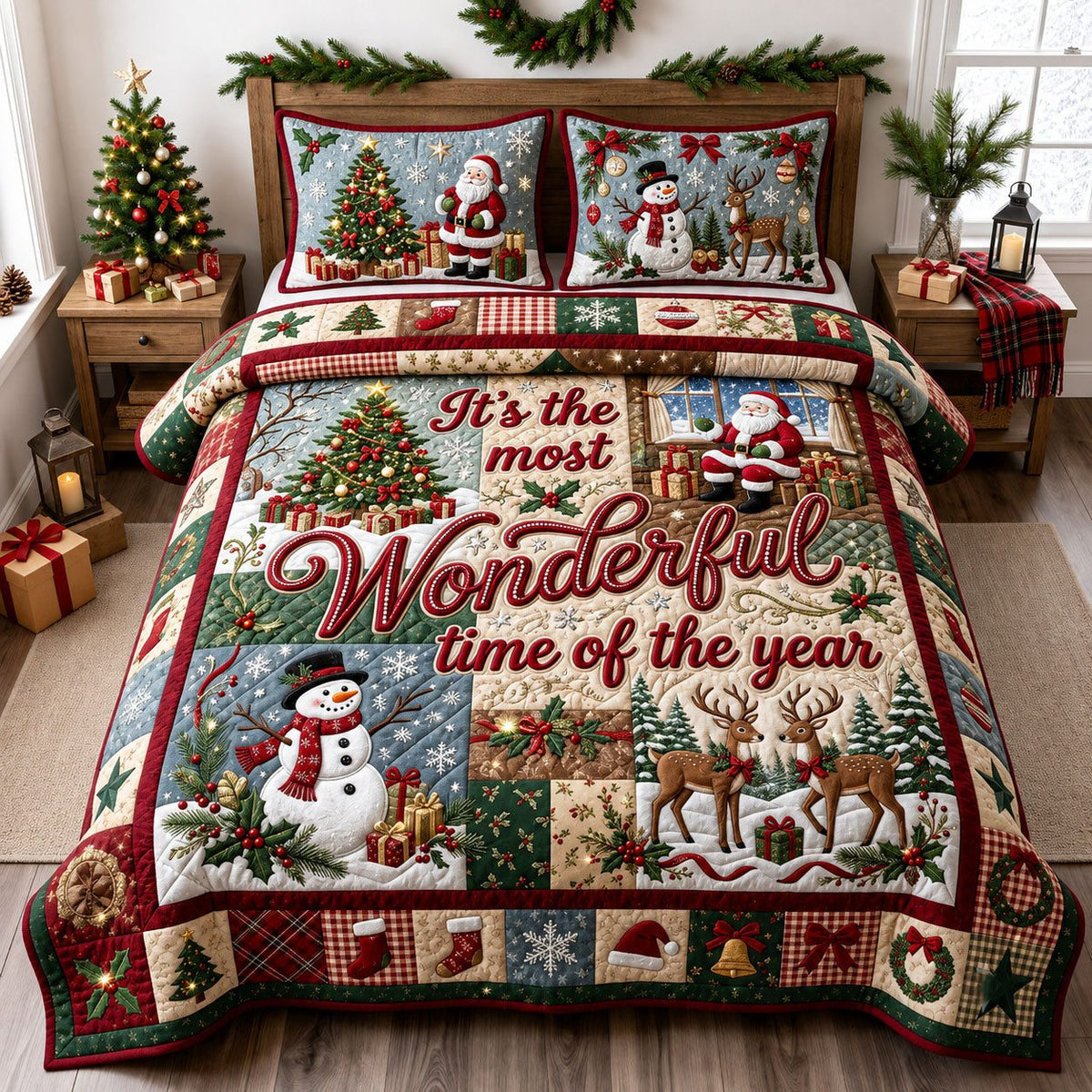 Festive Christmas quilted 3-piece bedding set on a made bed in a winter-styled bedroom