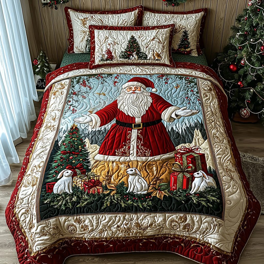 Festive Claus quilted 3-piece bedding set on a made bed in a winter-styled bedroom