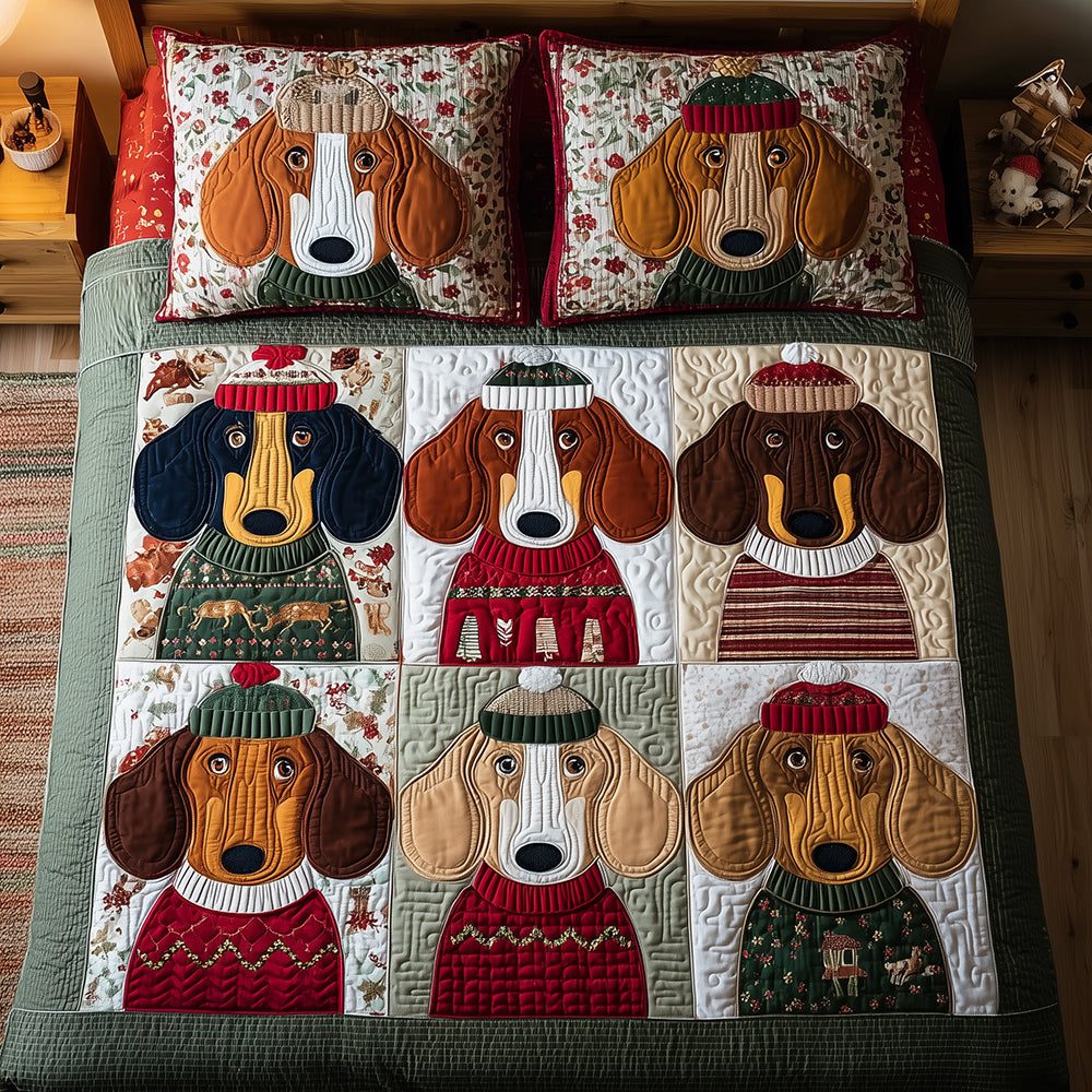 Festive Dachshund Night quilted 3-piece bedding set on a made bed in a winter-styled bedroom