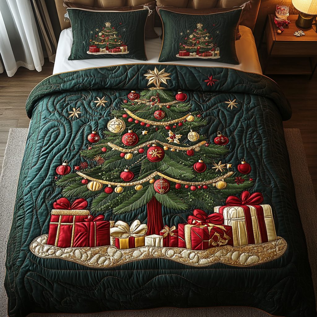 Festive Elegance quilted 3-piece bedding set on a made bed in a winter-styled bedroom