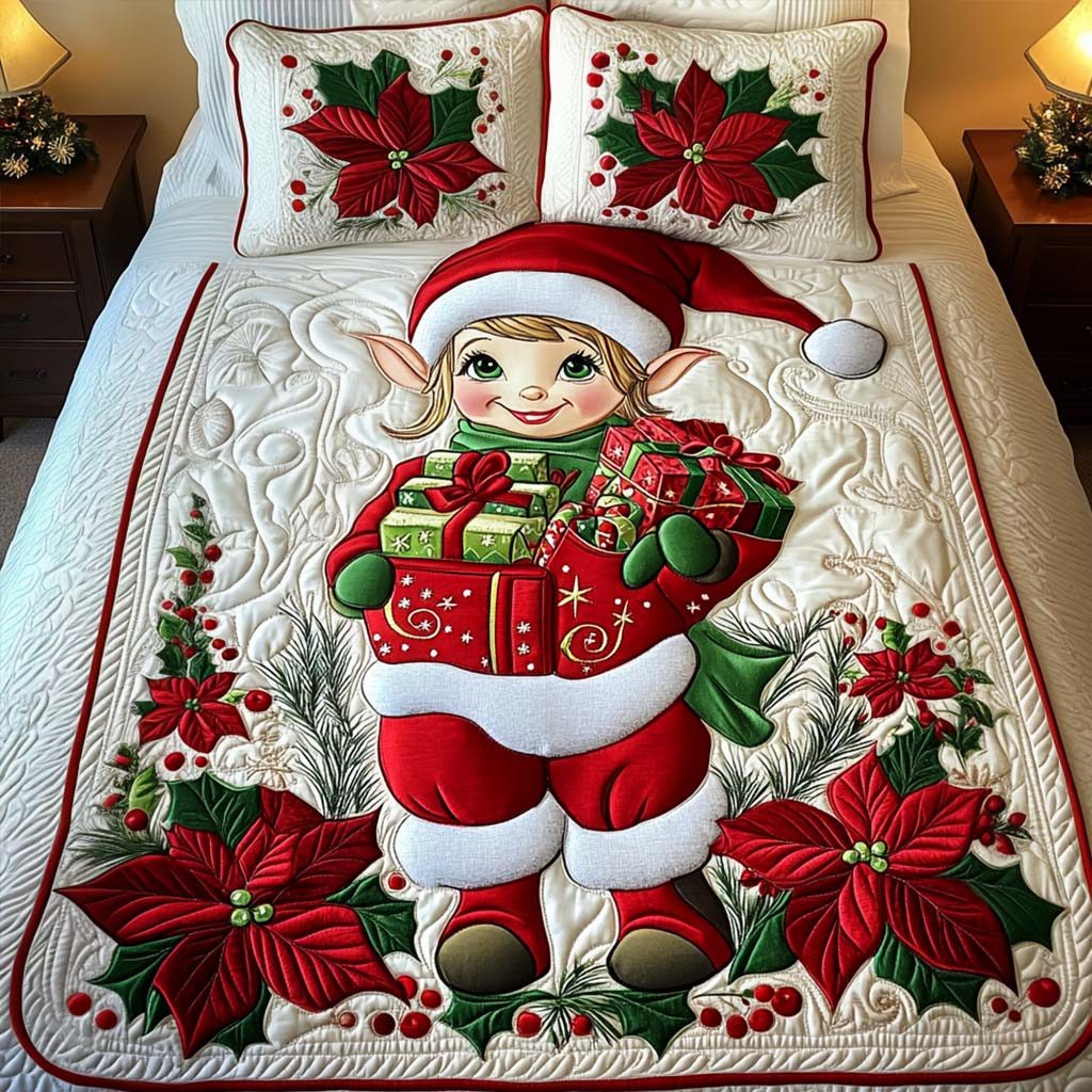 Festive Elf quilted 3-piece bedding set on a made bed in a winter-styled bedroom
