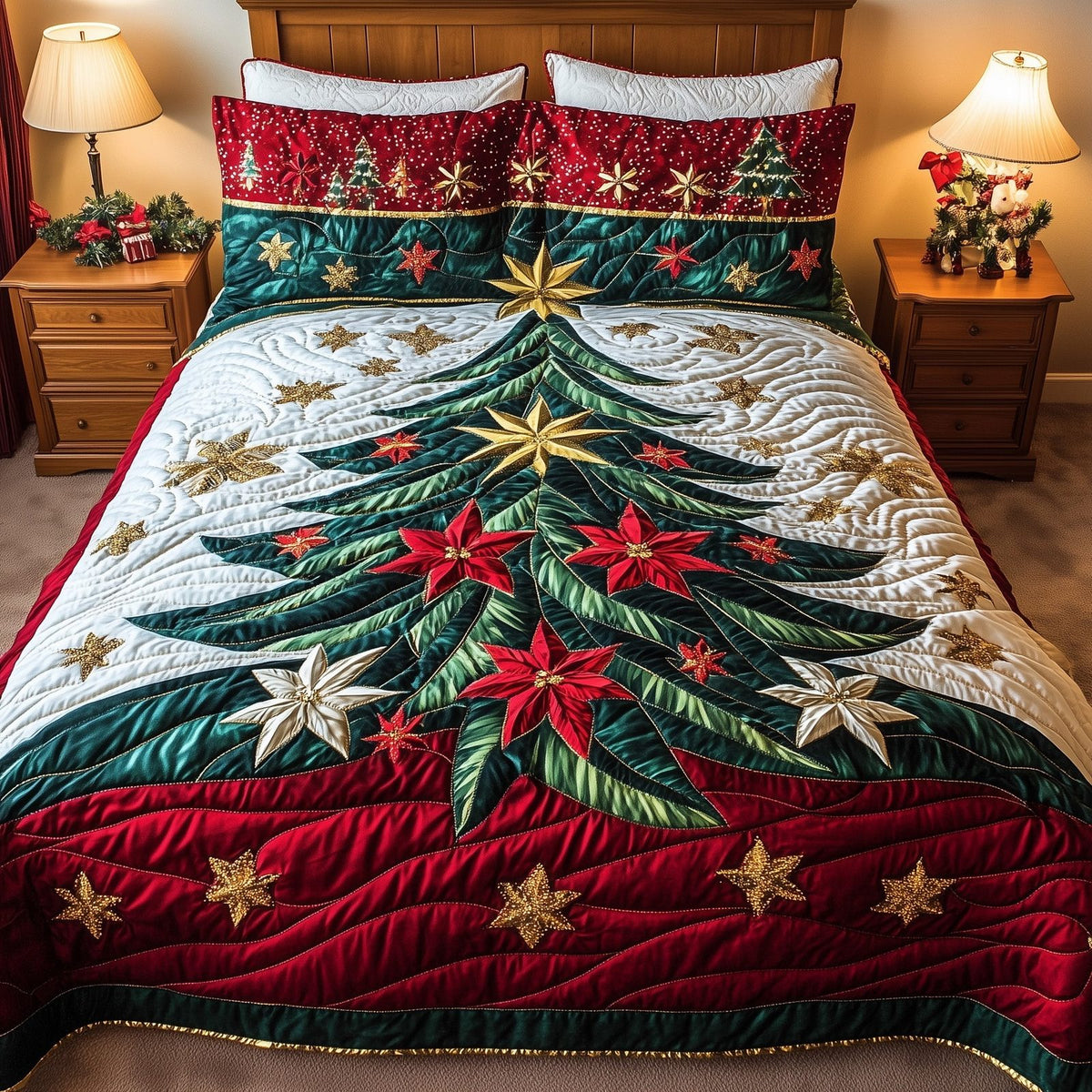Festive Evergreen quilted 3-piece bedding set on a made bed in a winter-styled bedroom