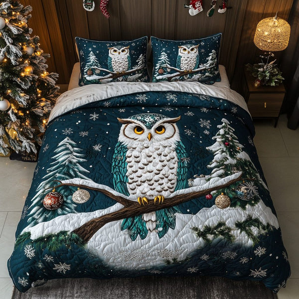 Festive Feather quilted 3-piece bedding set on a made bed in a winter-styled bedroom