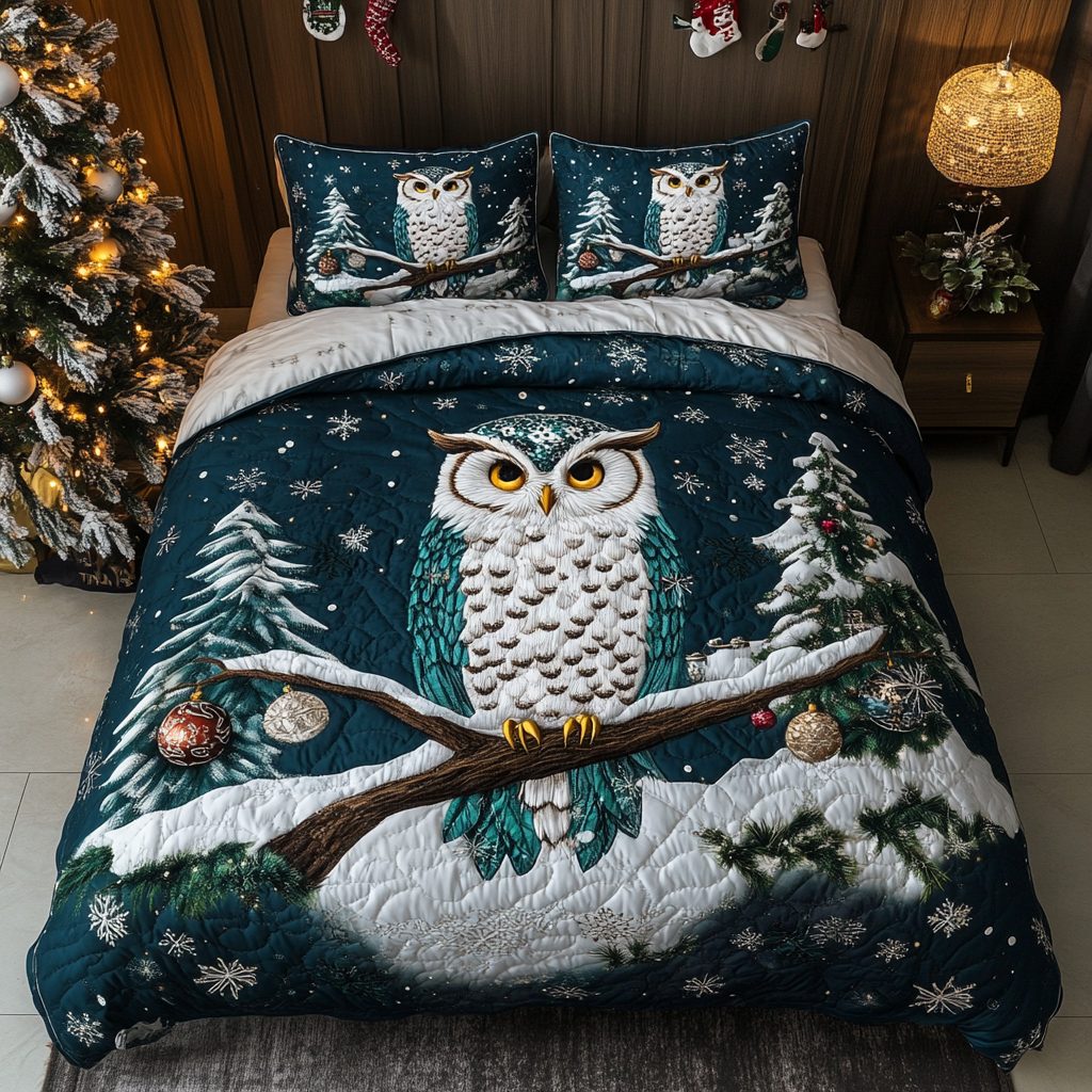 Festive Feather quilted 3-piece bedding set on a made bed in a winter-styled bedroom