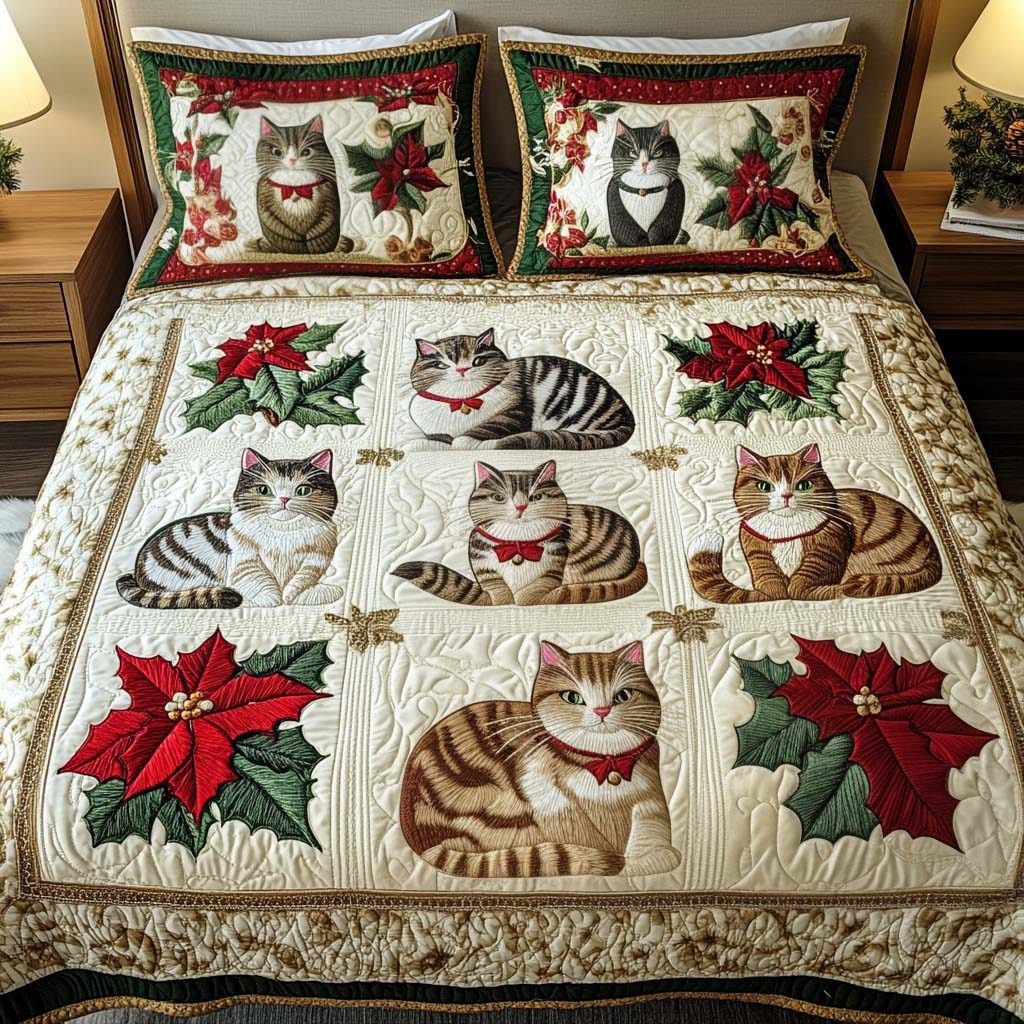 Festive Feline Charm quilted 3-piece bedding set on a made bed in a winter-styled bedroom