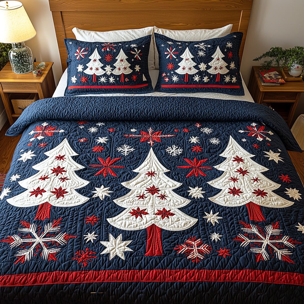 Festive Fir quilted 3-piece bedding set on a made bed in a winter-styled bedroom