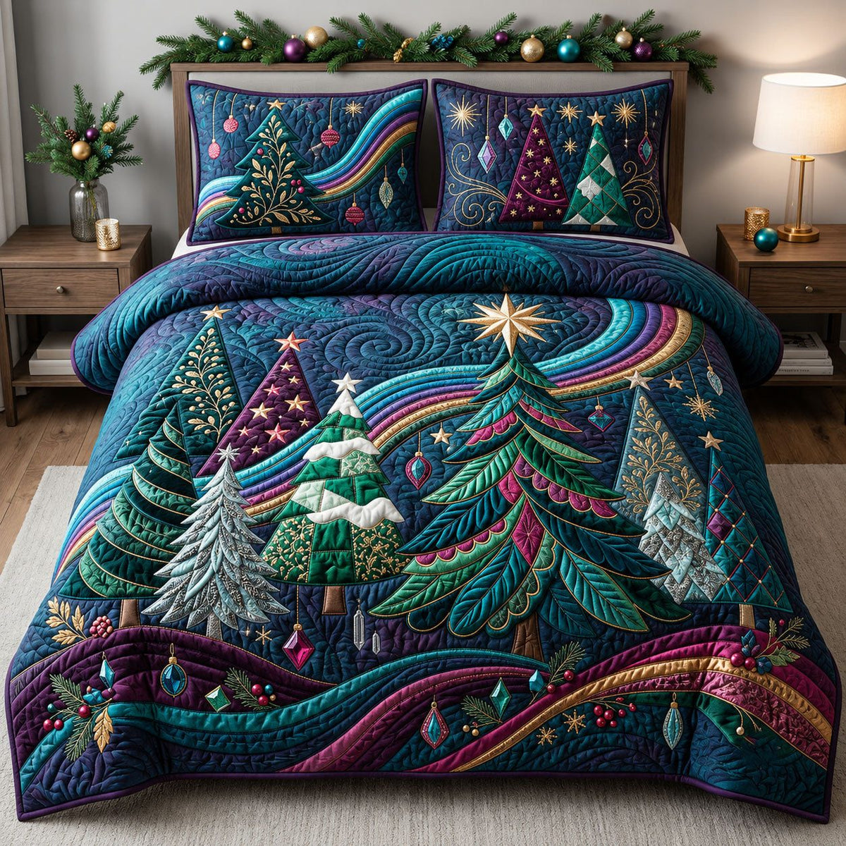 Festive Forest quilted 3-piece bedding set on a made bed in a winter-styled bedroom