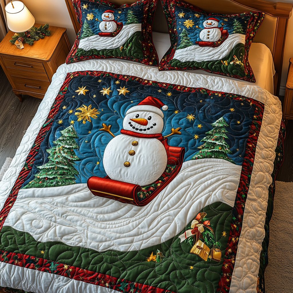 Festive Frost quilted 3-piece bedding set on a made bed in a winter-styled bedroom