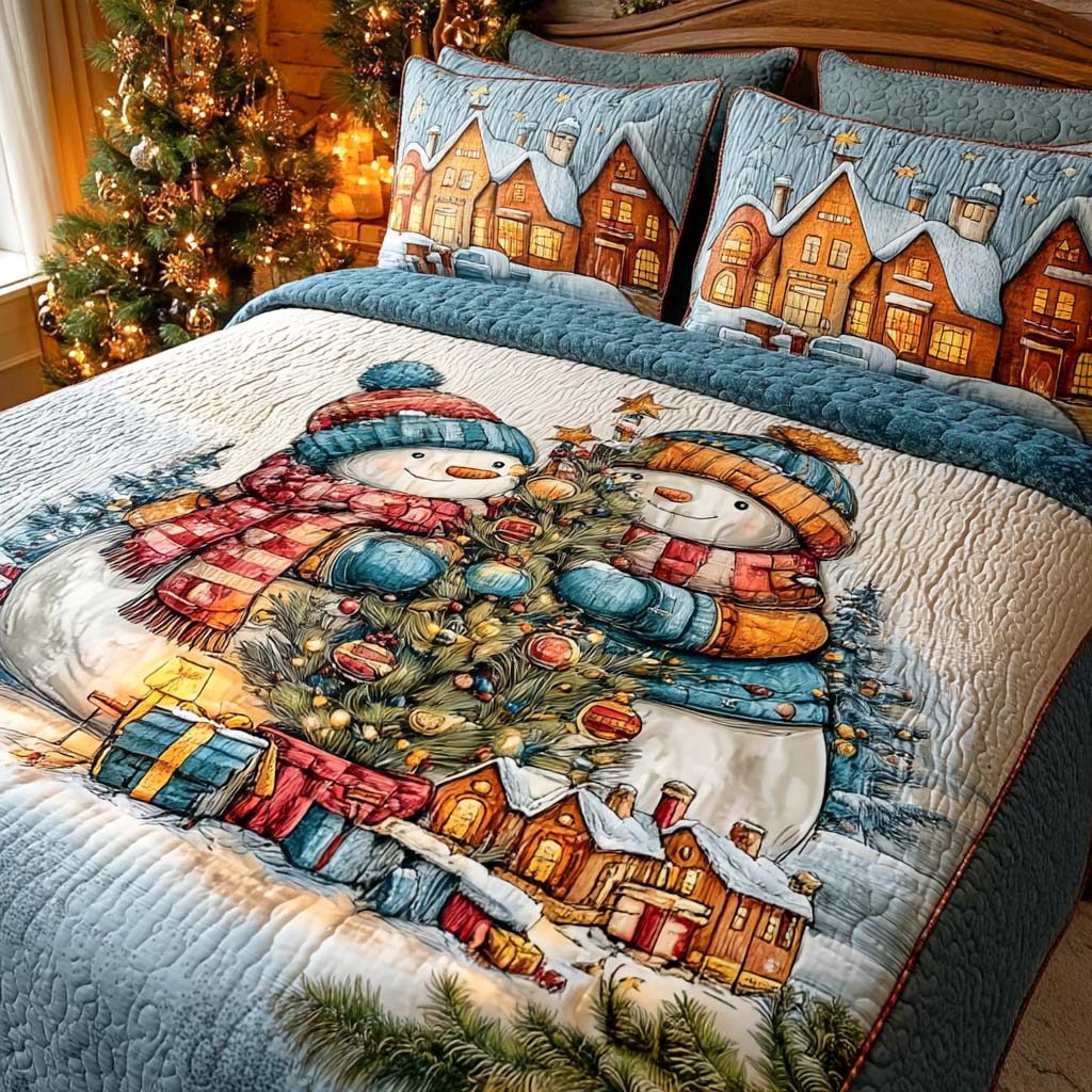 Festive Frost quilted 3-piece bedding set on a made bed in a winter-styled bedroom