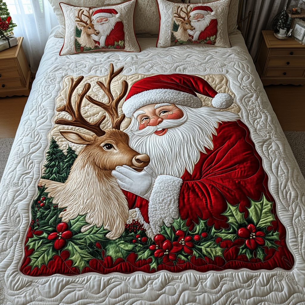 Festive Fun quilted 3-piece bedding set on a made bed in a winter-styled bedroom