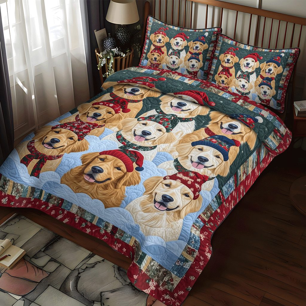Festive Furry Friends quilted 3-piece bedding set on a made bed in a winter-styled bedroom