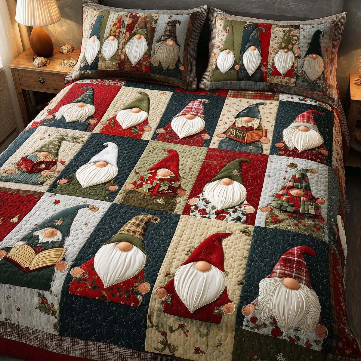 Festive Gnomes quilted 3-piece bedding set on a made bed in a winter-styled bedroom