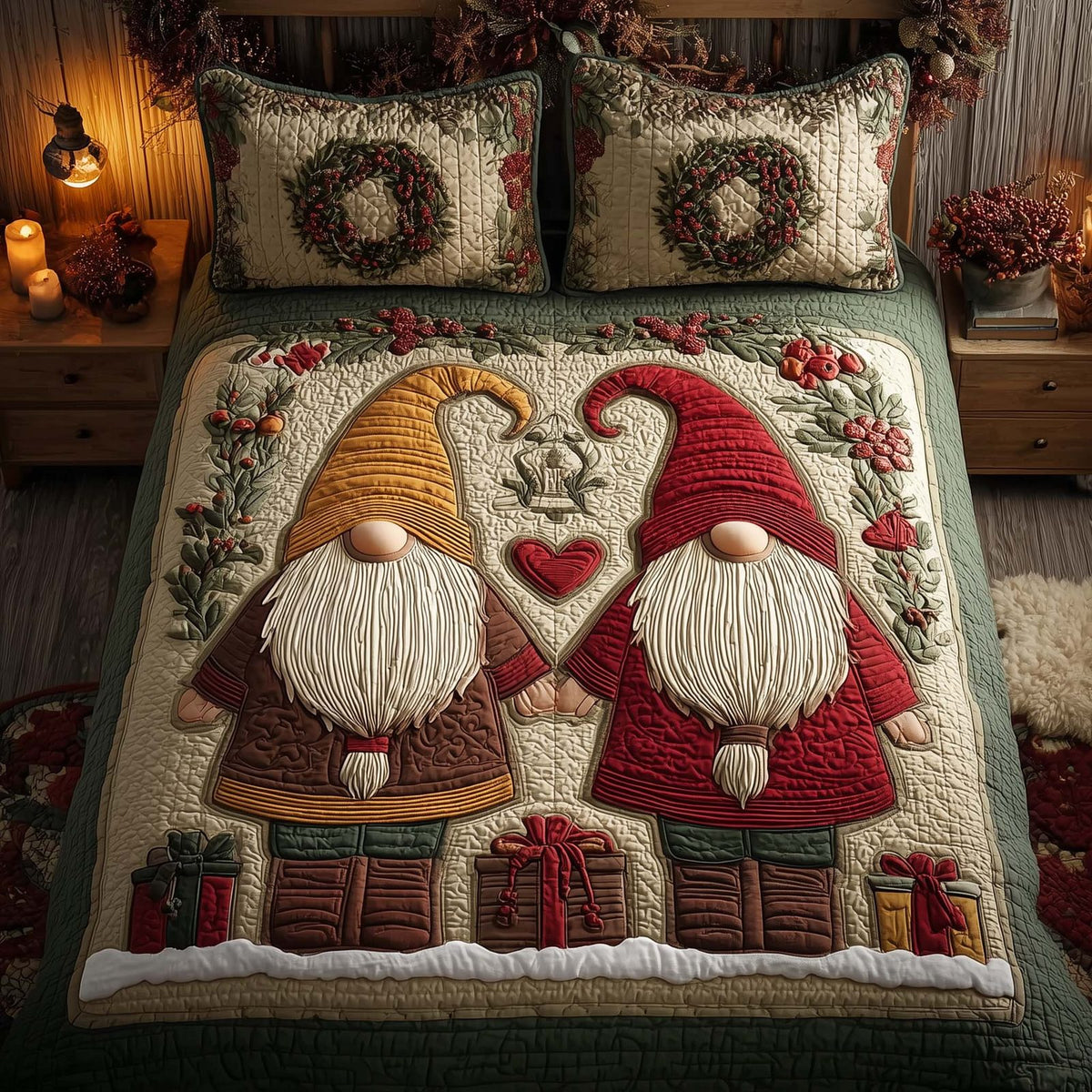 Festive Gnomes quilted 3-piece bedding set on a made bed in a winter-styled bedroom