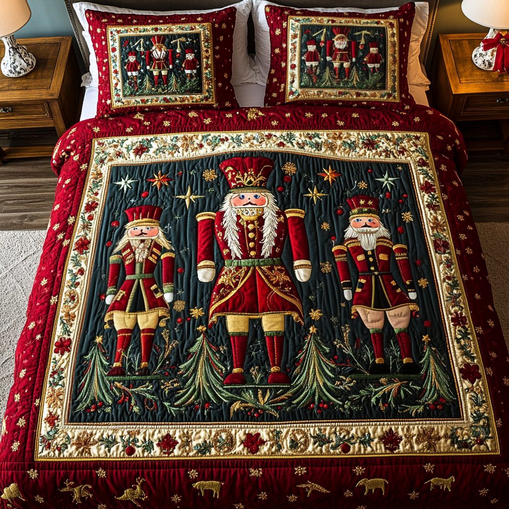 Festive Guard quilted 3-piece bedding set on a made bed in a winter-styled bedroom