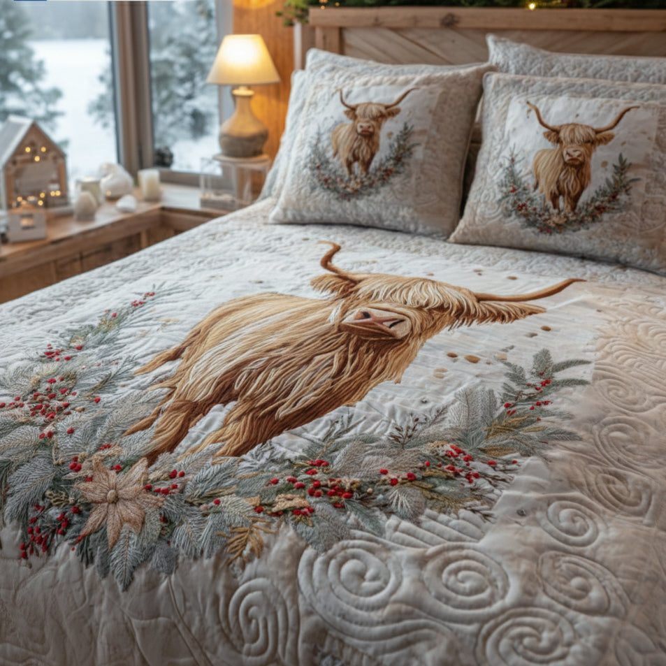 Festive Highland quilted 3-piece bedding set on a made bed in a winter-styled bedroom