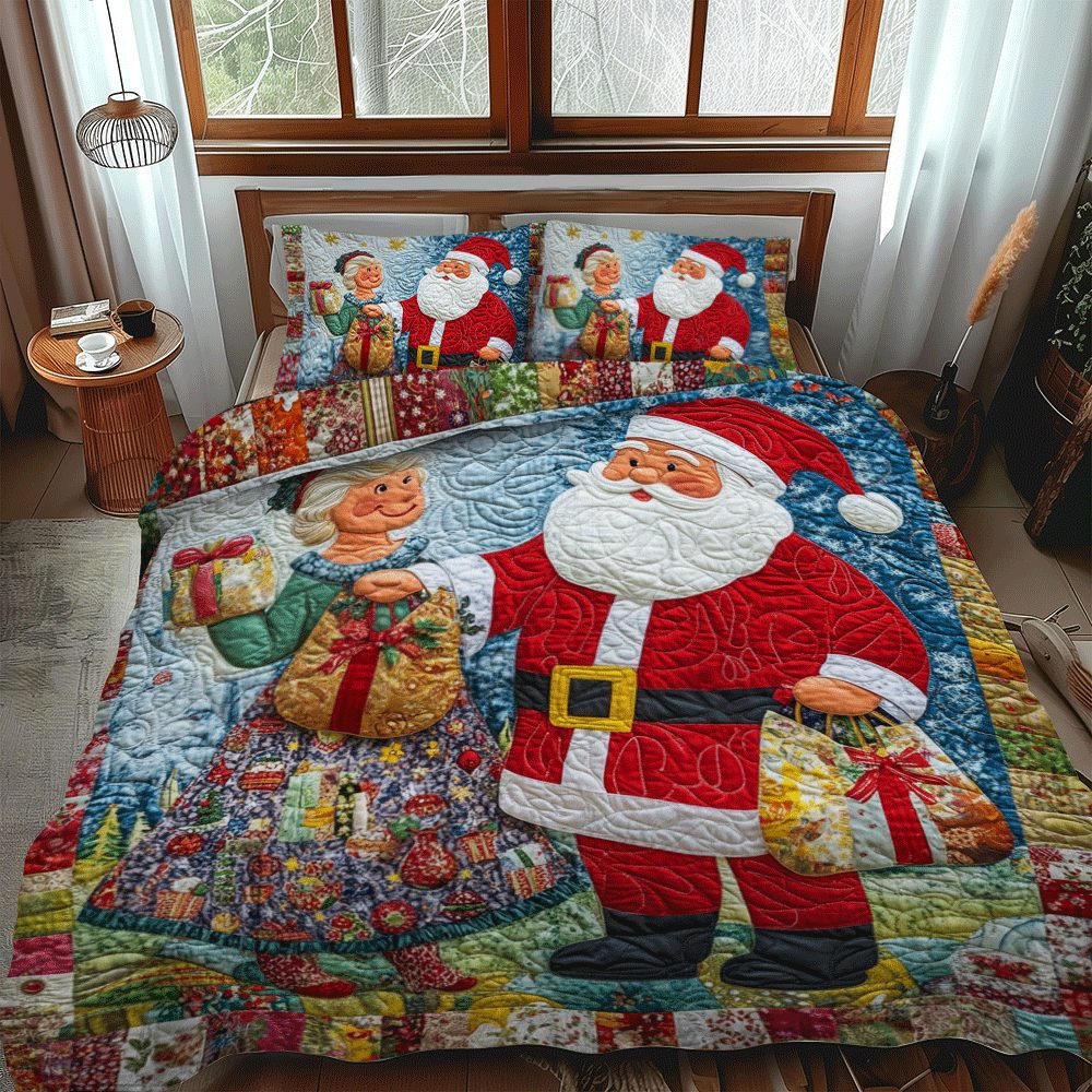 Festive Holiday Dreams quilted 3-piece bedding set on a made bed in a winter-styled bedroom
