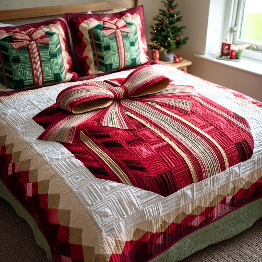 Festive Jewel Box quilted 3-piece bedding set on a made bed in a winter-styled bedroom