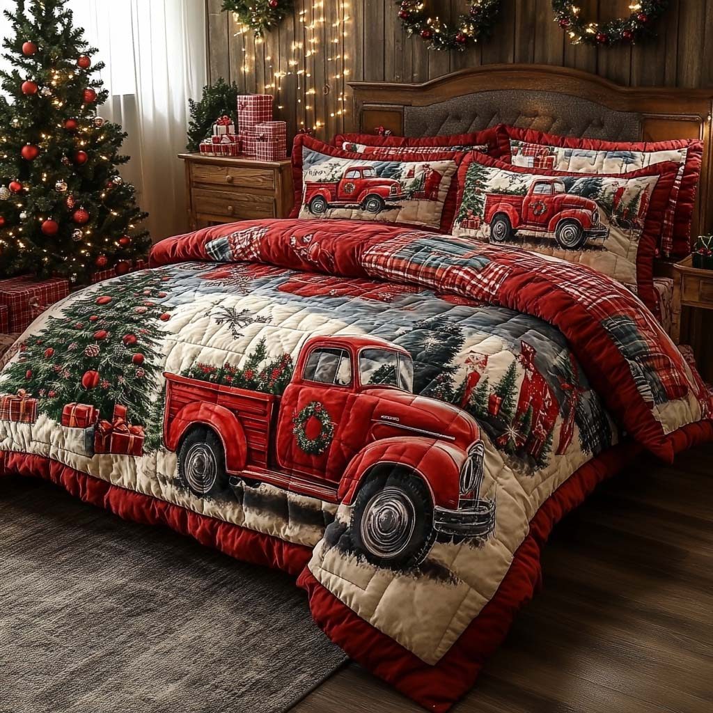 Festive Journey quilted 3-piece bedding set on a made bed in a winter-styled bedroom