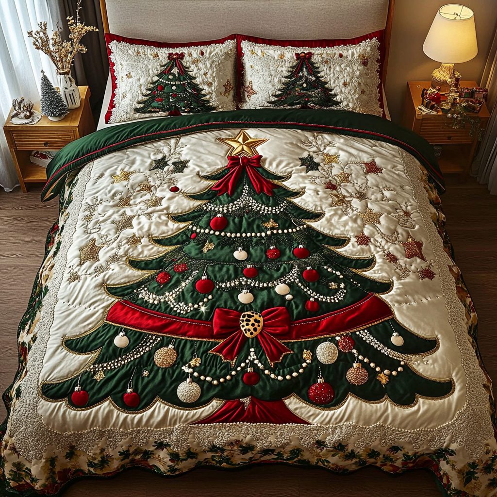 Festive Joy quilted 3-piece bedding set on a made bed in a winter-styled bedroom