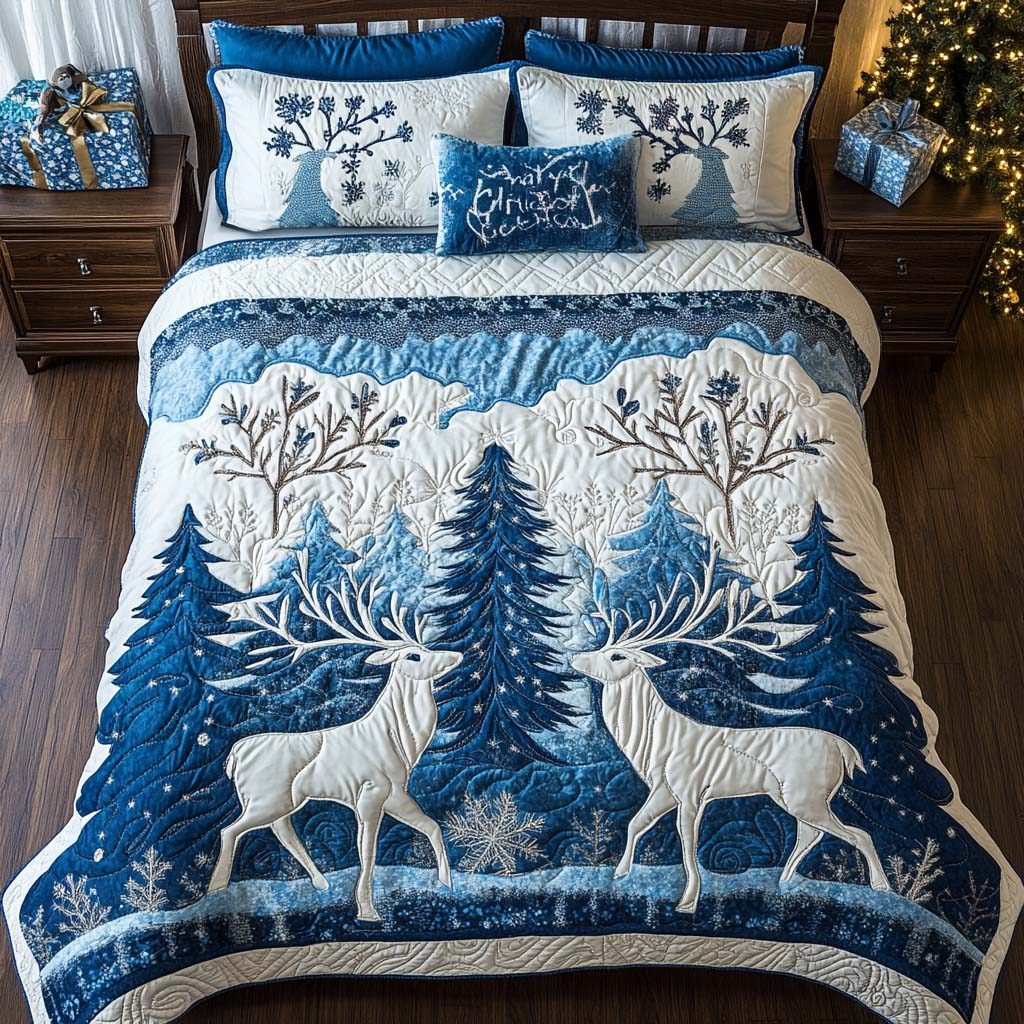Festive Lights quilted 3-piece bedding set on a made bed in a winter-styled bedroom