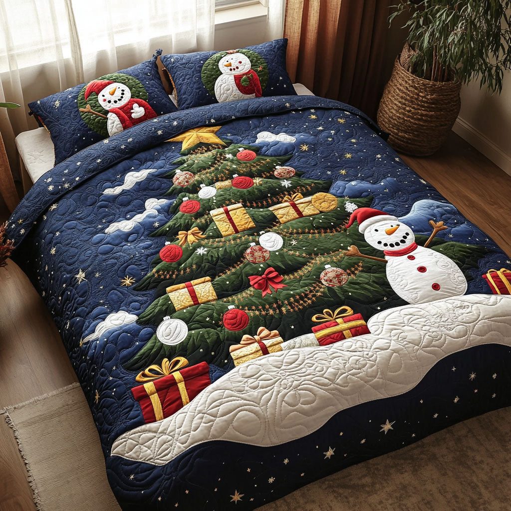 Festive Night quilted 3-piece bedding set on a made bed in a winter-styled bedroom
