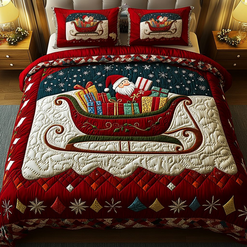 Festive Ride quilted 3-piece bedding set on a made bed in a winter-styled bedroom
