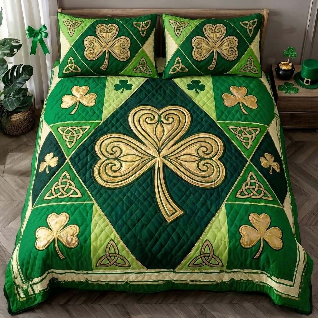 Festive Shamrock quilted 3-piece bedding set on a made bed in a winter-styled bedroom