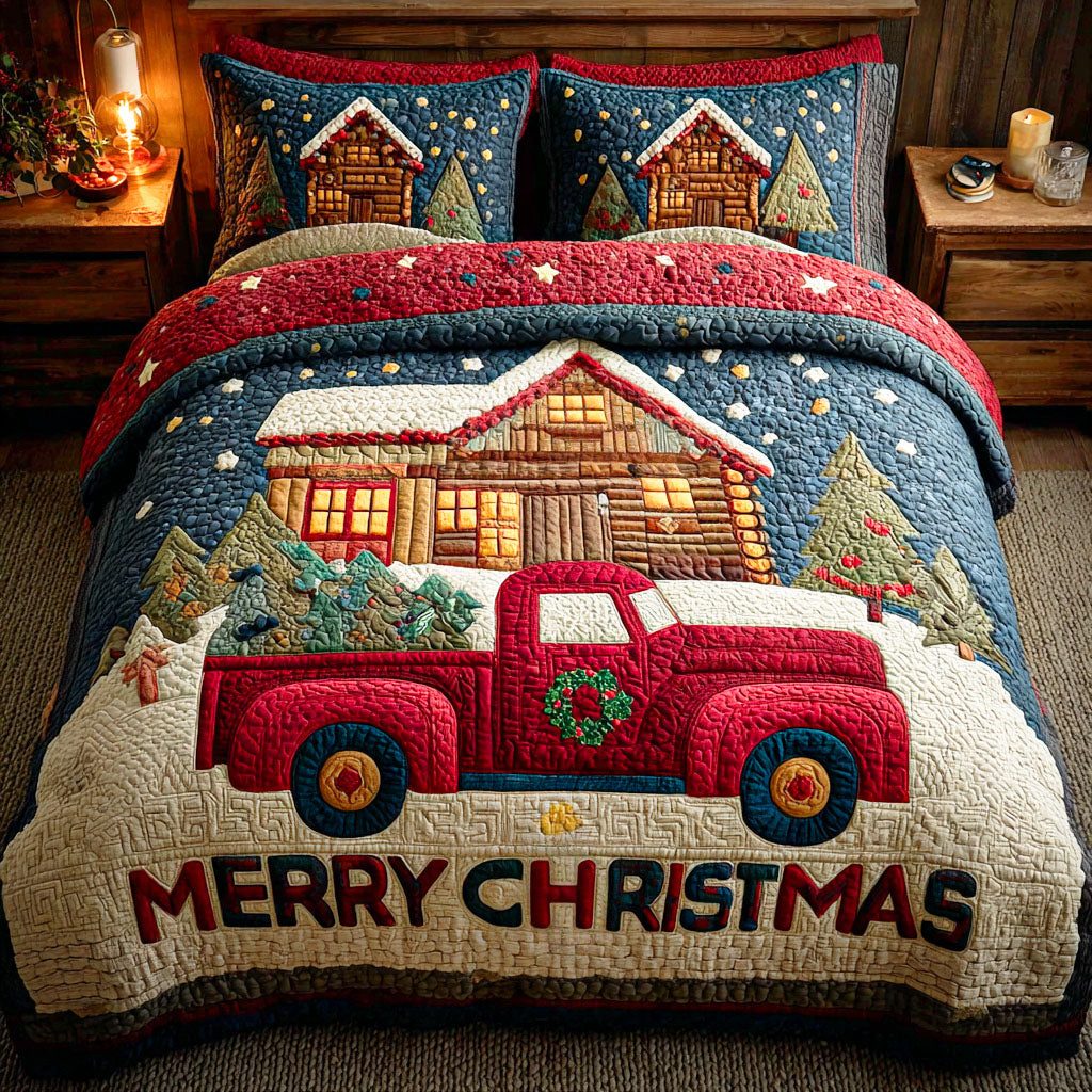 Festive Spirit quilted 3-piece bedding set on a made bed in a winter-styled bedroom