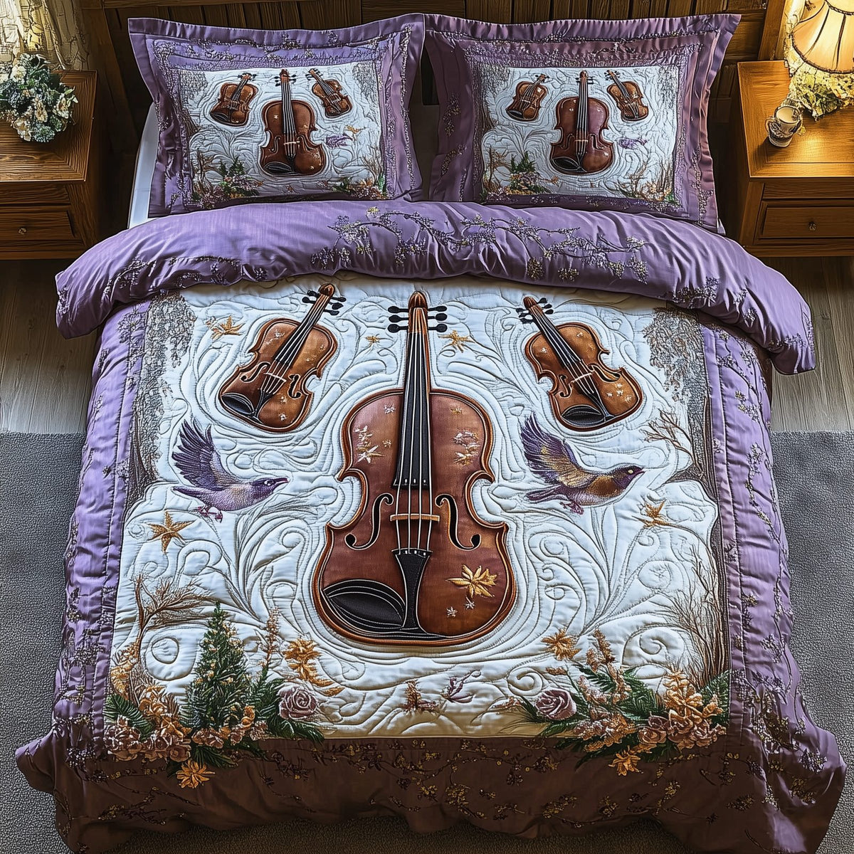 Festive String quilted 3-piece bedding set on a made bed in a winter-styled bedroom