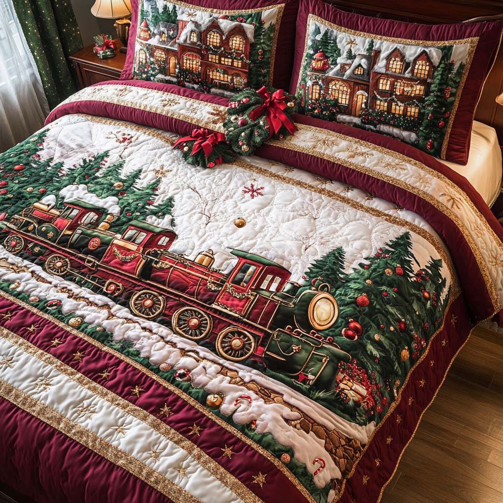 Festive Train Adventure quilted 3-piece bedding set on a made bed in a winter-styled bedroom