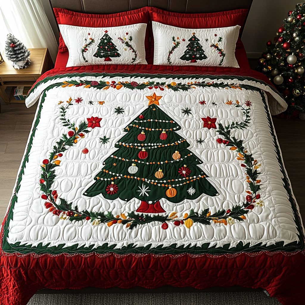 Festive Tree Magic quilted 3-piece bedding set on a made bed in a winter-styled bedroom