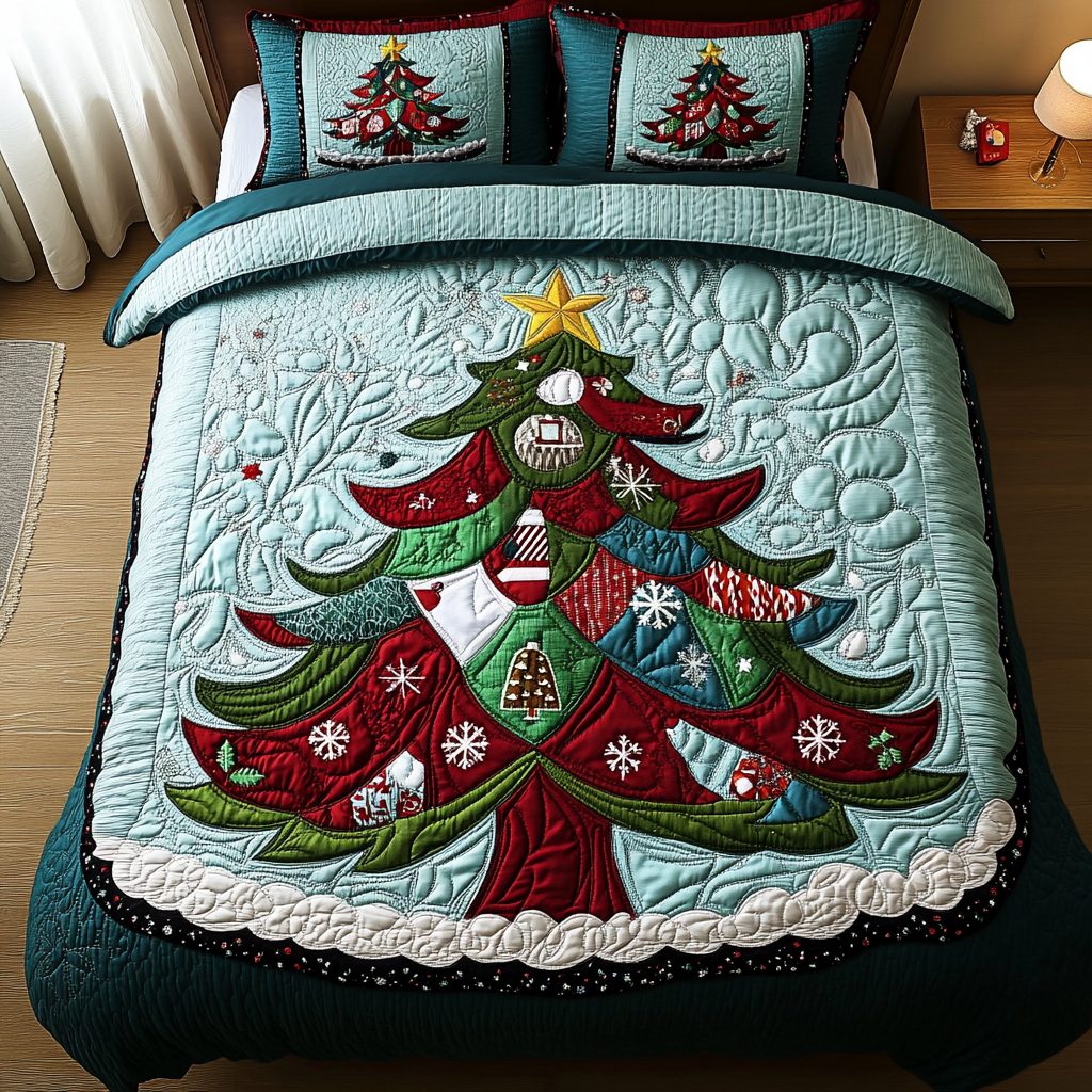 Festive Tree Quilt quilted 3-piece bedding set on a made bed in a winter-styled bedroom