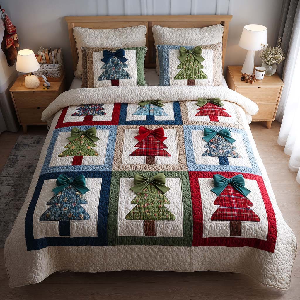 Festive Trees quilted 3-piece bedding set on a made bed in a winter-styled bedroom